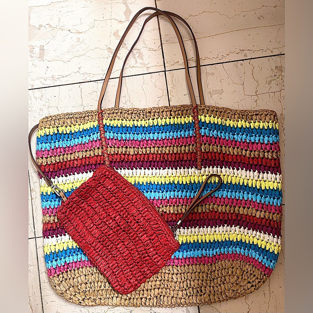 Colorful Striped Raffia Tote Bag w Red Detachable Pouch, Leather Handles, New!